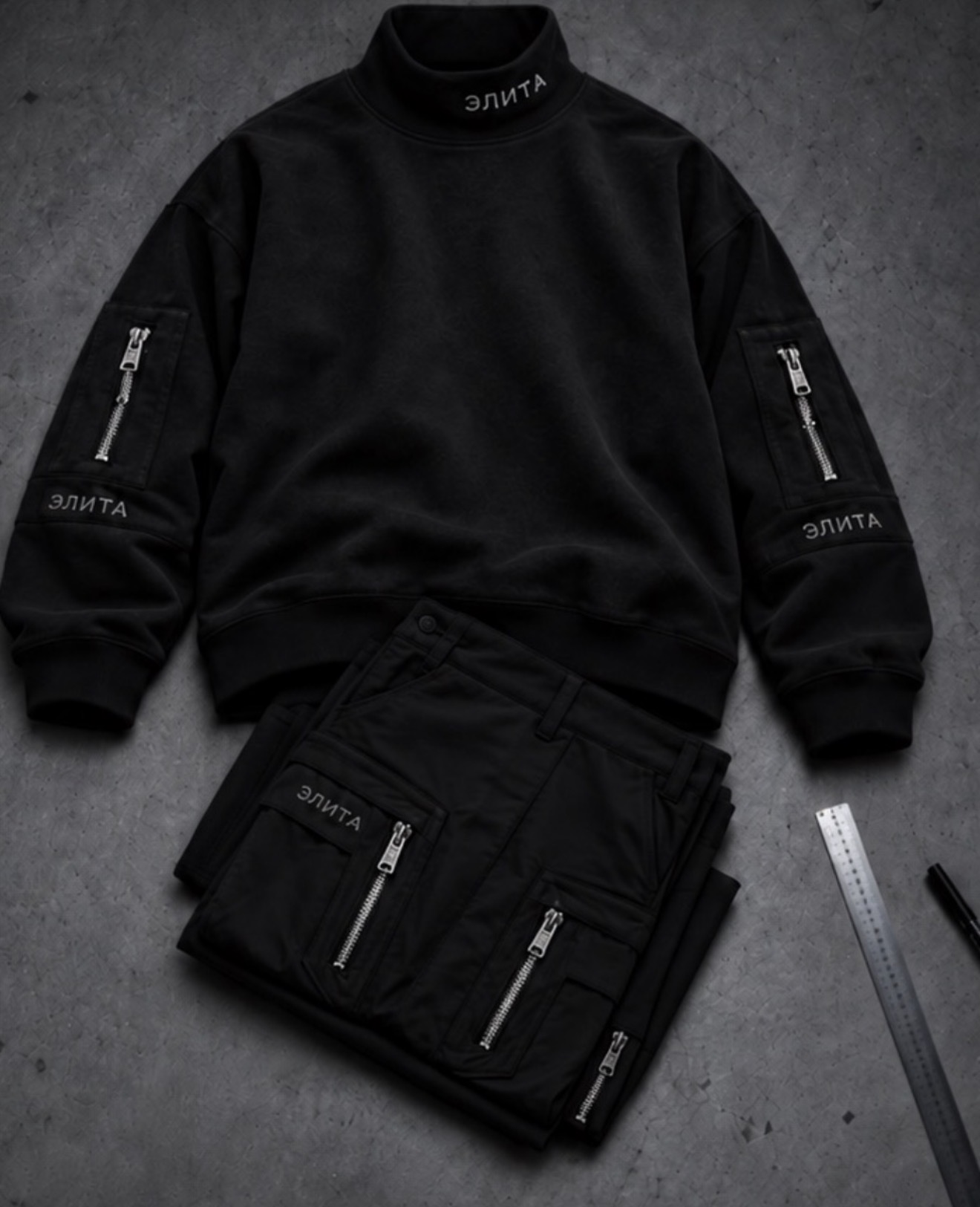 Black technical mock-neck sweatshirt with silver sleeve zippers and coordinating trousers