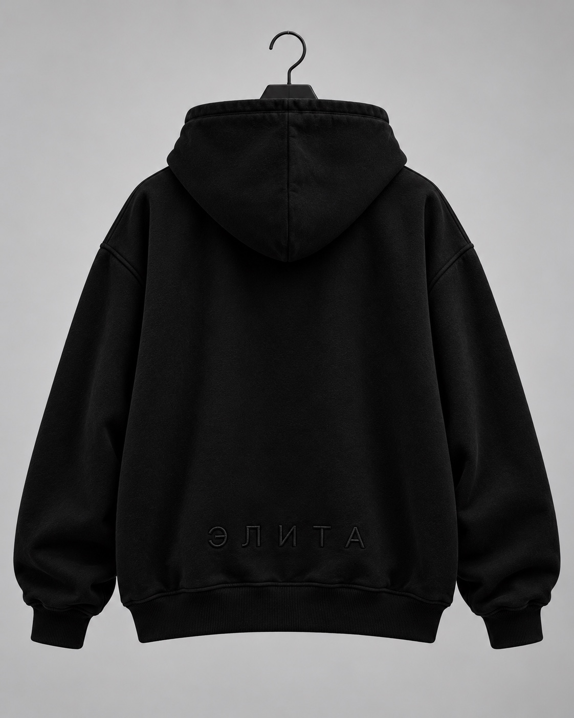 Black hoodie back with tonal lower-back embroidery