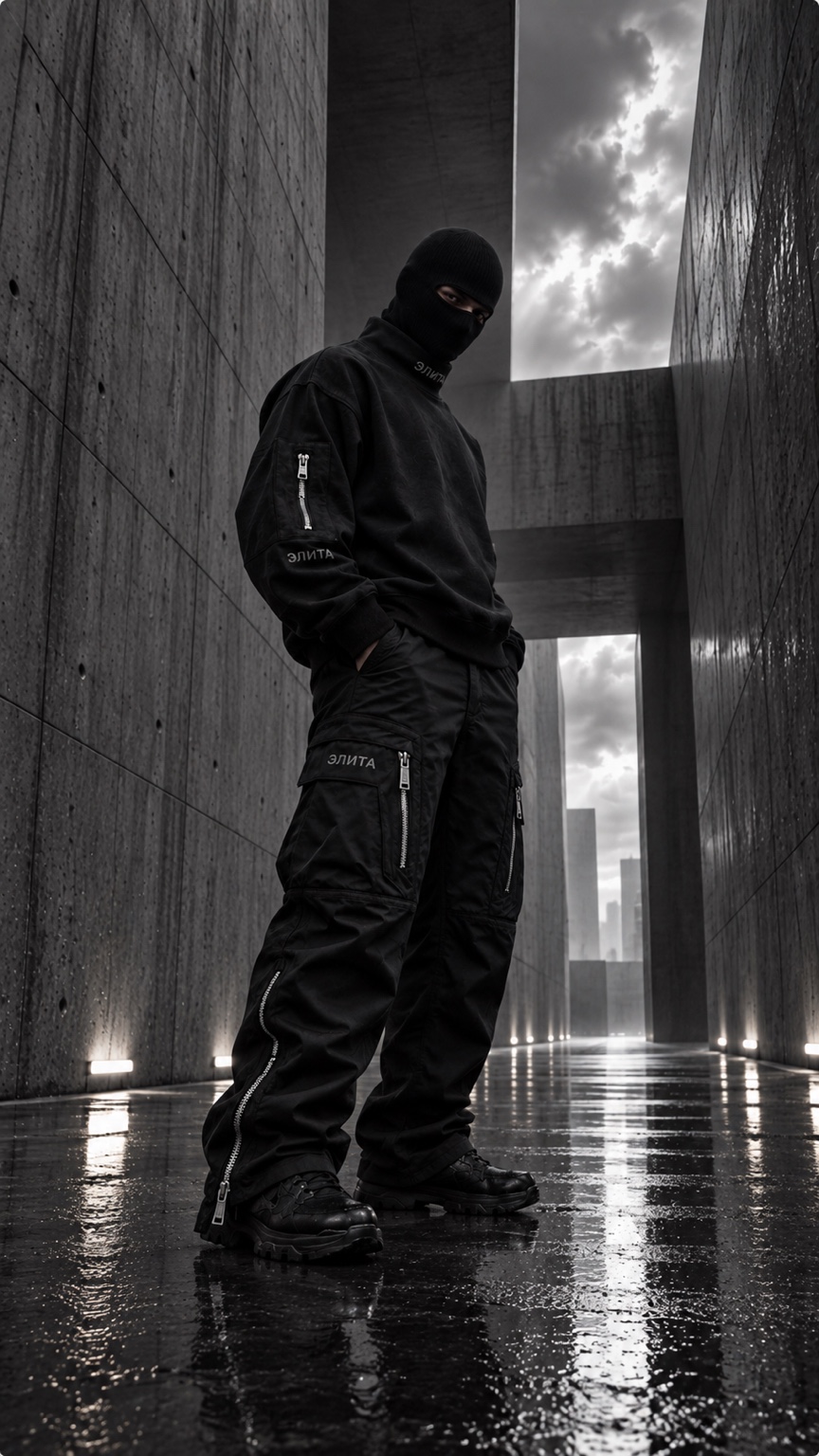 Masked Э Л И Т А model in rain-darkened brutalist architecture
