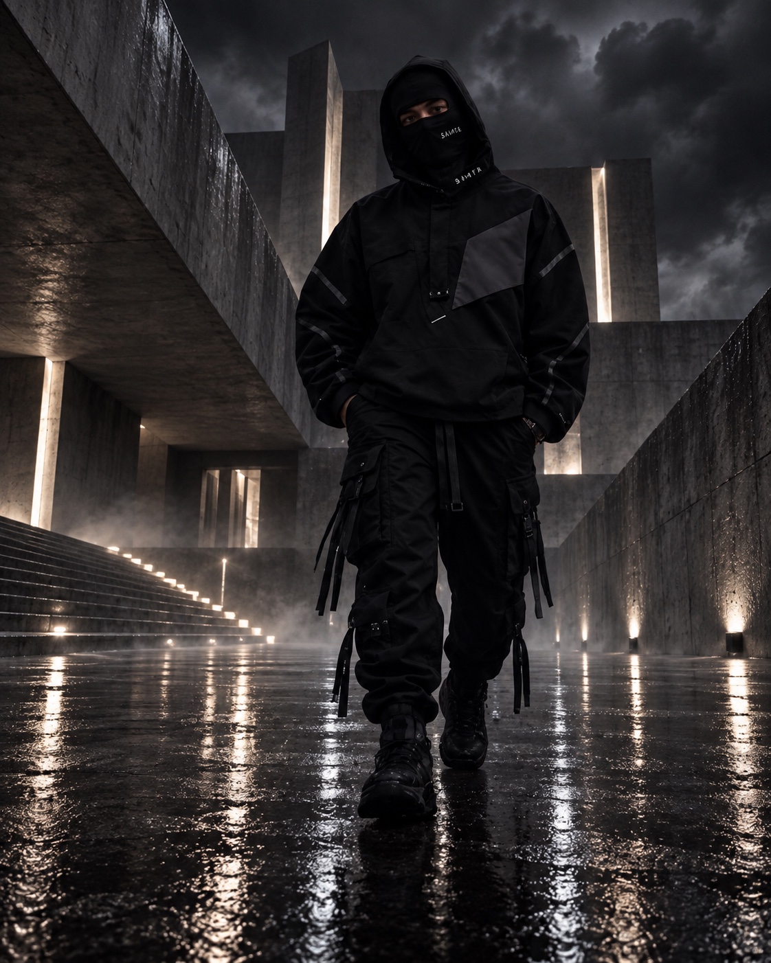 Masked Э Л И Т А model walking through illuminated brutalist architecture